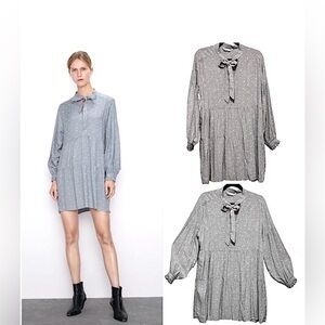 Zara Tie-Neck Swiss Dot Long Sleeve‎ Mini Shirt Shift Dress size M
